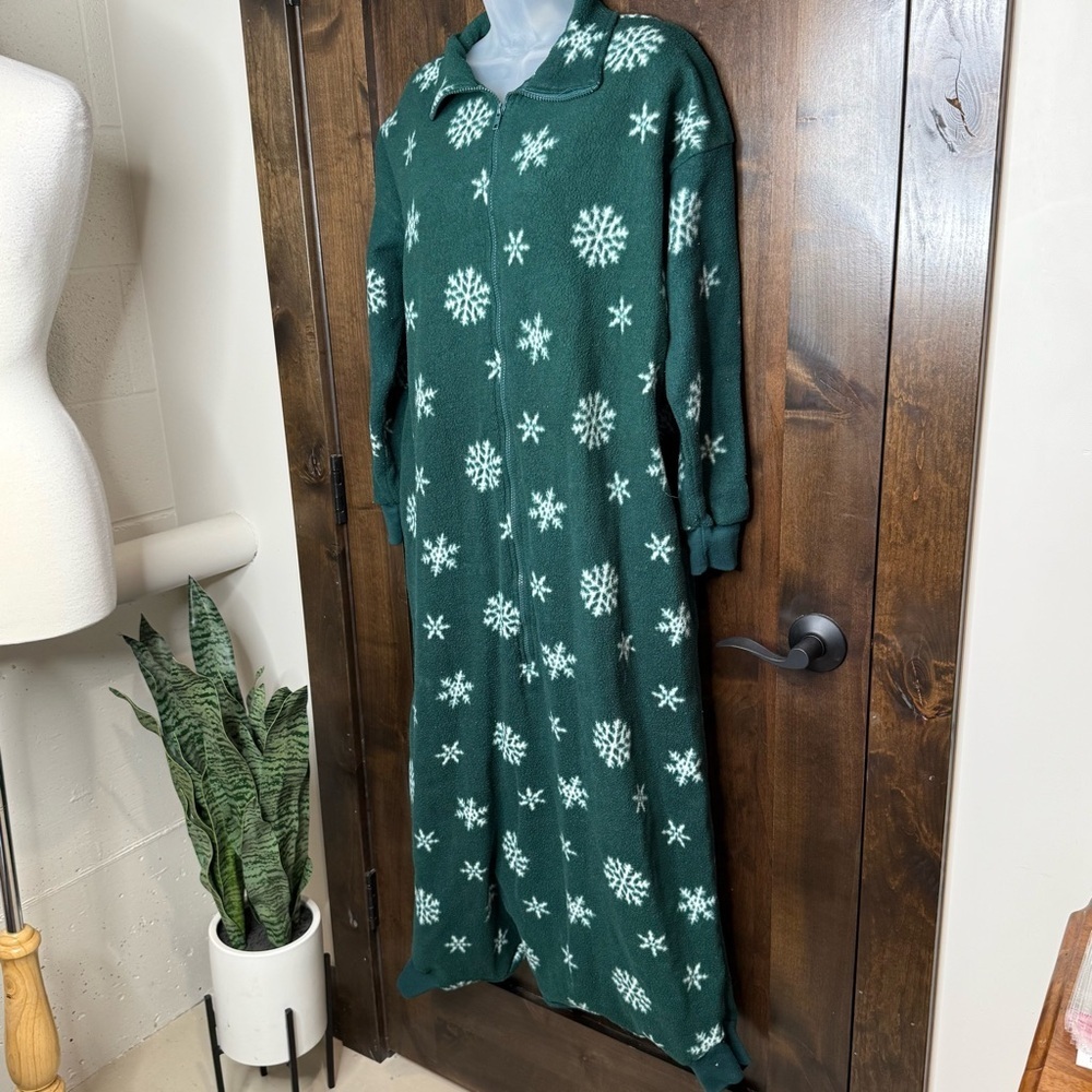 Cherokee Dark Green full body wearable blanket onesie White snowflakes One size